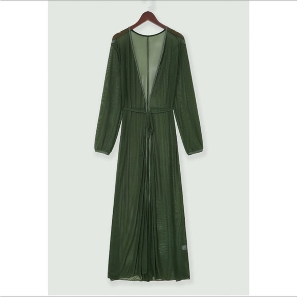 Sexy Thin Mesh Long Sleeve Tie Front Maxi Cover Up Dress Army Green - Picture 4 of 6